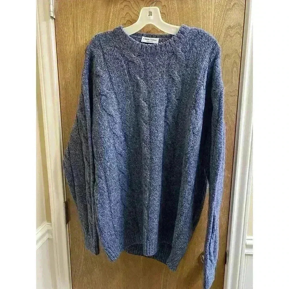 Vintage Gran Sasso Lamb Wool/Nylon Heathered Blue Braid Knit Sweater XL Italian